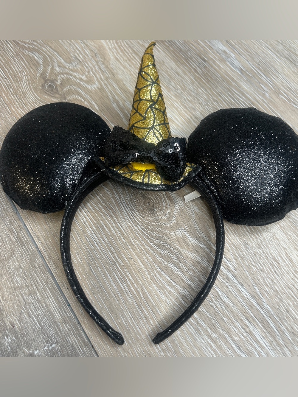 Disney Halloween Minnie Mouse Ears Headband Black Gold Glitter Witch Hat